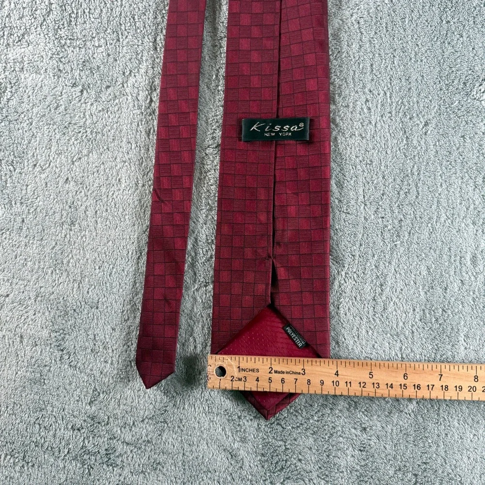 Kissa New York‎ Mens Tie Burgundy Red Checkered Woven Jacquard Polyester Formal